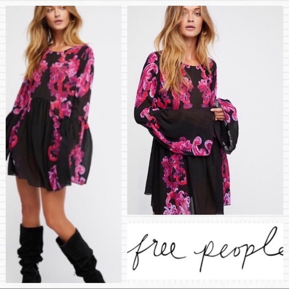 Free People Dress or Tunic Floral Pink Black Long Sleeves Size Large Open Back